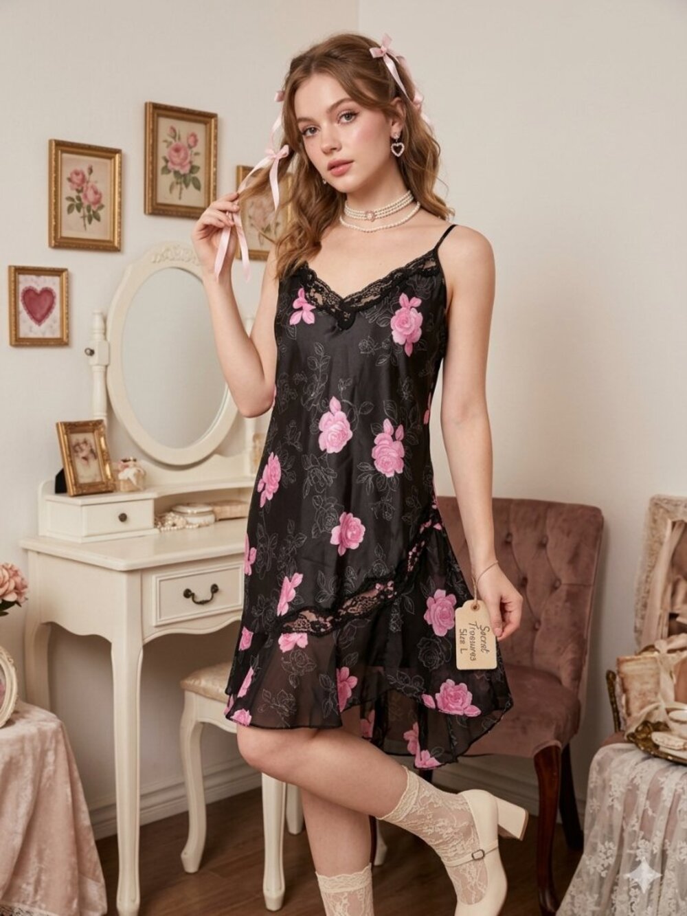 Secret‎ Treasures Womens Large Black Pink Floral Lace Slip Dress Coquette Girl